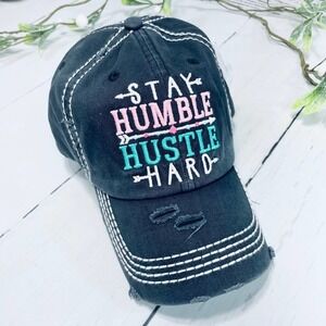 Stay Humble Hustle Hard Black Distressed Vintage Style Baseball Hat